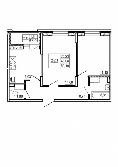 Двухкомнатная квартира 50.1 м²