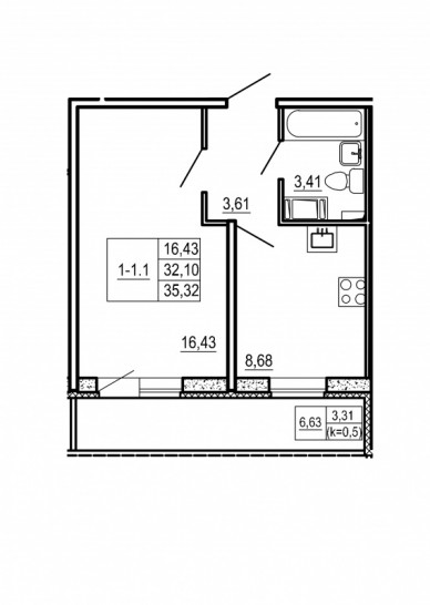 Однокомнатная квартира 35.32 м²