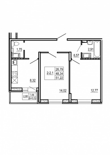 Двухкомнатная квартира 51.22 м²