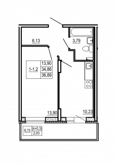 Однокомнатная квартира 36.89 м²