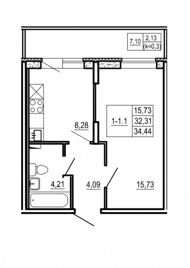 Однокомнатная квартира 34.44 м²