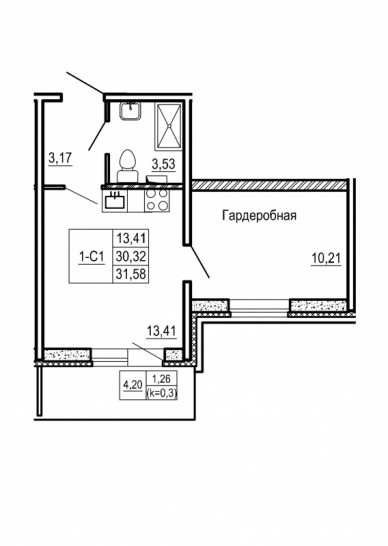 Студия 31.58 м²