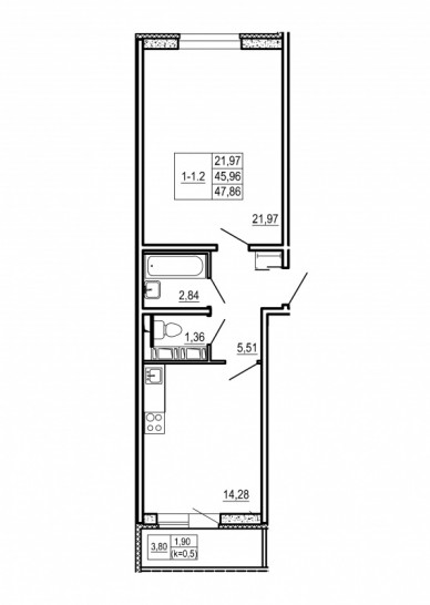 Однокомнатная квартира 47.86 м²