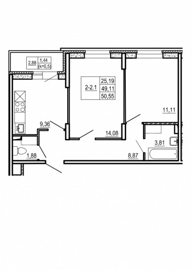 Двухкомнатная квартира 50.55 м²