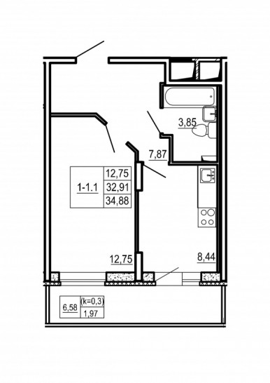 Однокомнатная квартира 34.88 м²