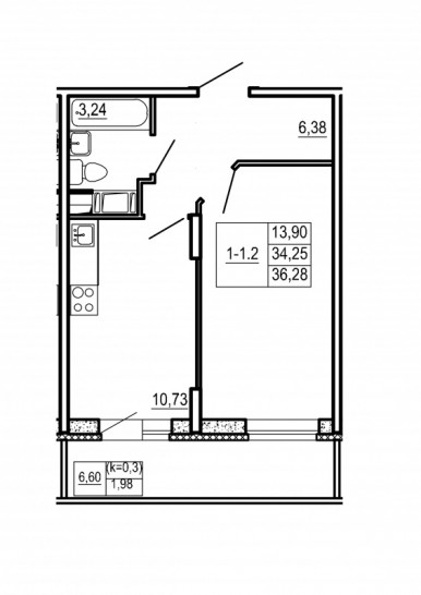 Однокомнатная квартира 36.28 м²