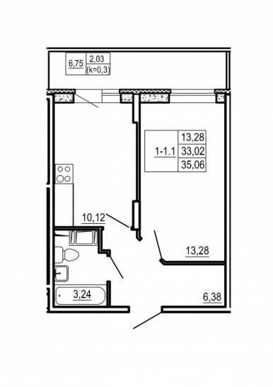 Однокомнатная квартира 35.06 м²