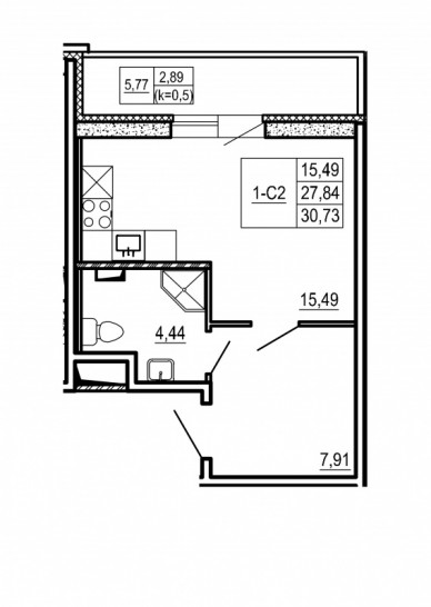 Студия 30.73 м²