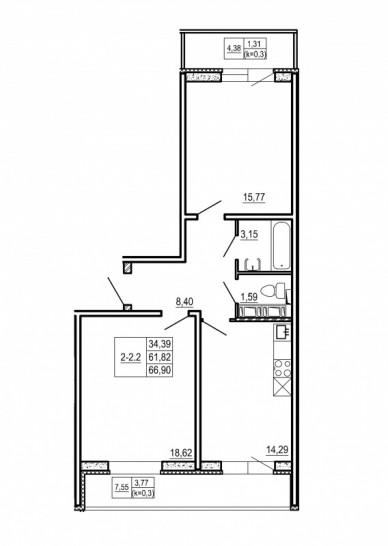 Двухкомнатная квартира 66.9 м²