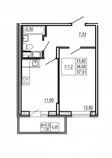 Однокомнатная квартира 37.31 м²