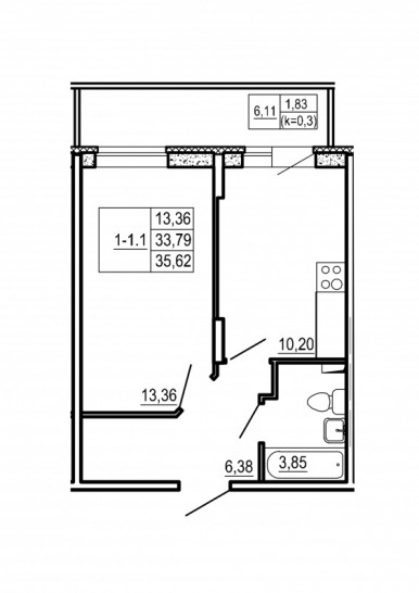 Однокомнатная квартира 35.62 м²